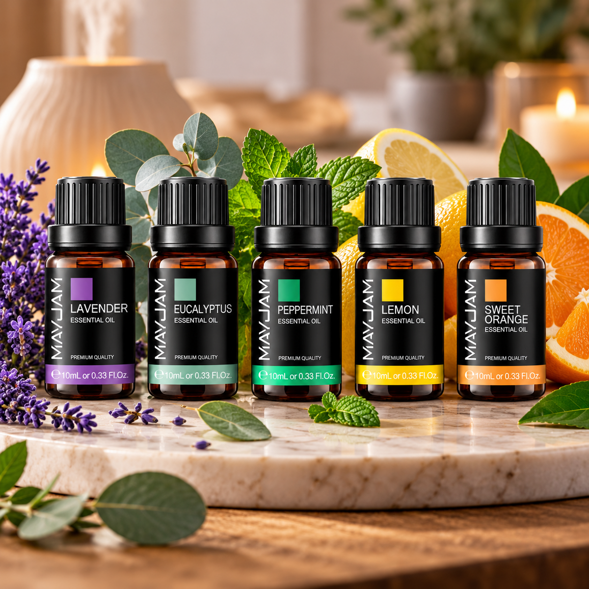 MAYJAM lavender, eucalyptus, peppermint, lemon and sweet orange essential oils displayed together